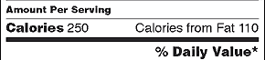 Calorie section of label, showing number of calories per serving and calories from fat.
